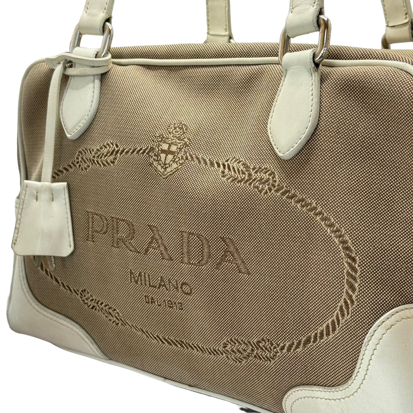 Prada Jacquard Logo Bauletto Corda Talco