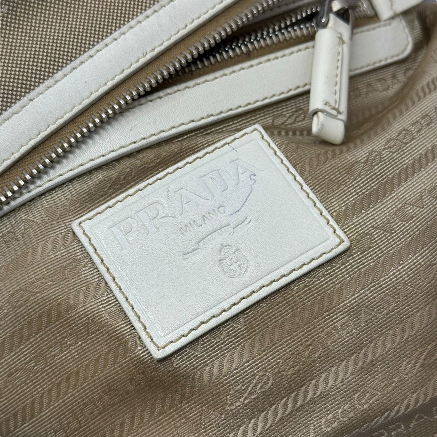 Prada Jacquard Logo Bauletto Corda Talco