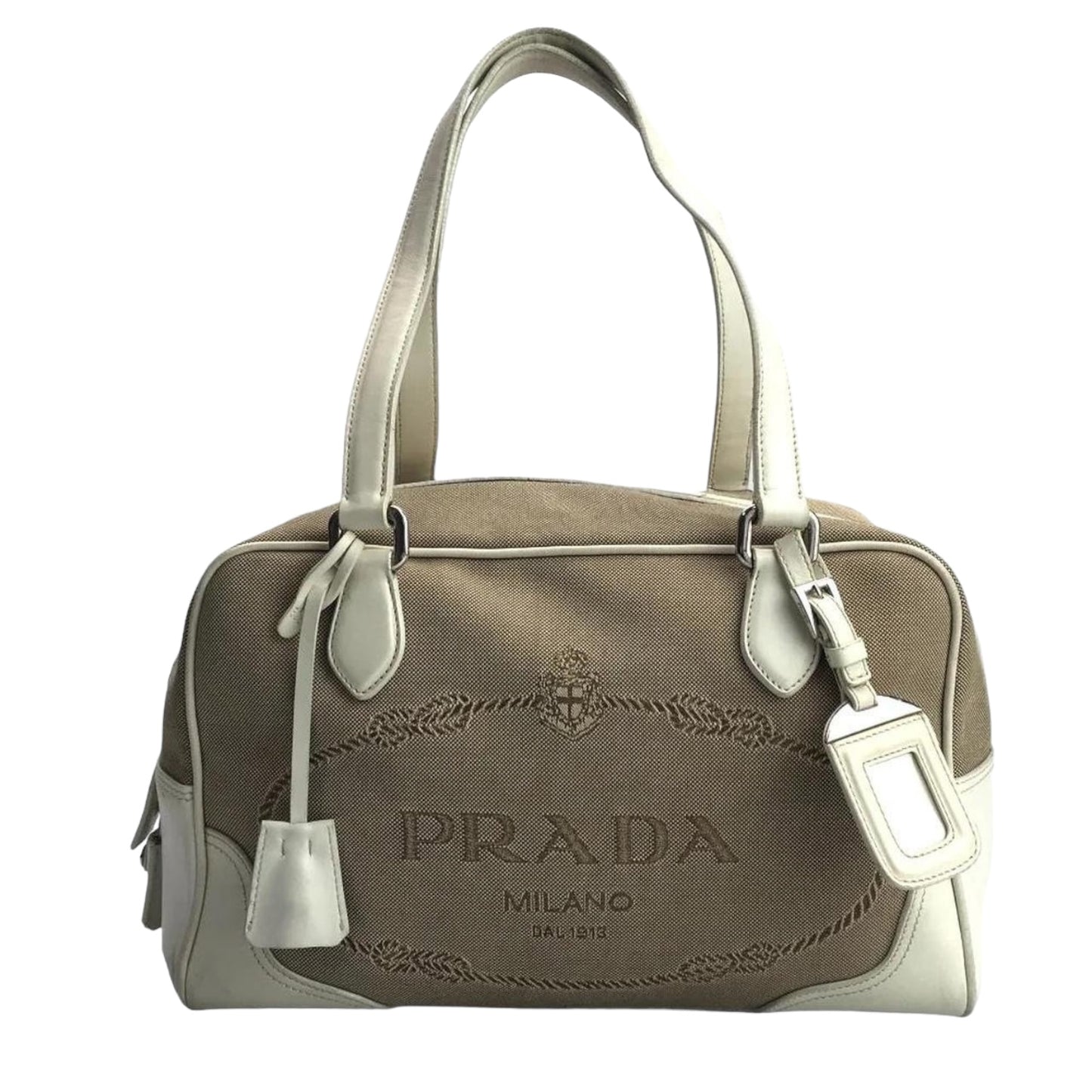 Prada Jacquard Logo Bauletto Corda Talco